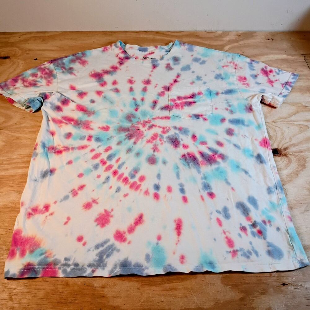 Goodfellow Mens Large Tie Dye Pocket T-Shirt Pink Blue 100% Cotton Short Sleeve